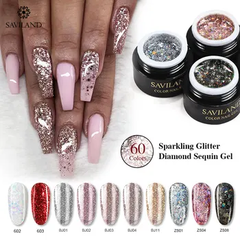 SAVILAND 6ml Sparkling Platinum Diamond Sequin Gel Nail Polish Glitter 3D Diamond UV LED Gel Varnish Foil Adhesive Manicure