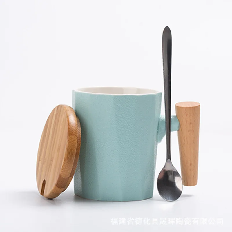 Blue wooden cover 350 мл керамическая чашка с деревянной ручкой, кружка, простая чашка для воды, чашка для молочного кофе, ложка с крышкой - Цвет: Blue wooden cover