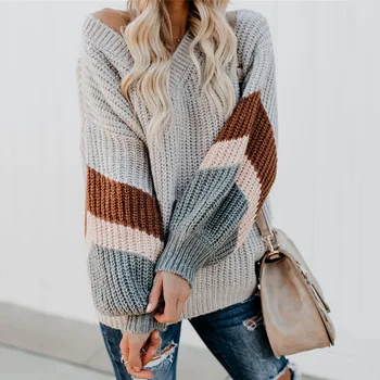 

2020 new sweater female autumn and winter chicken heart V-neck lantern sleeves striped color matching sweater