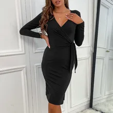 

New Spring Women Dresses Sexy Deep V-neck Wrap Bodycon Dress Black Streetwear Party Club Long Sleeve Vintage Vestido Mujer