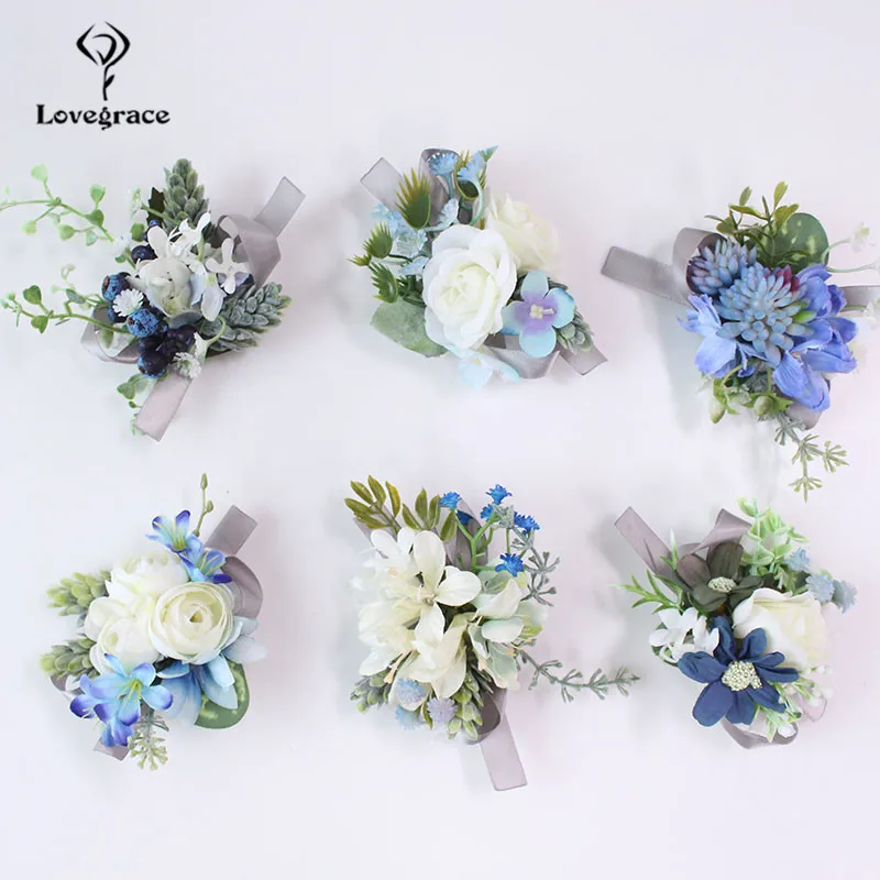 

Lovegrace Boutonniere Wedding Wrist Corsage Artificial Silk Rose Girl Bracelet Men Brooch Pins Groom Boutonniere Wedding Corsage