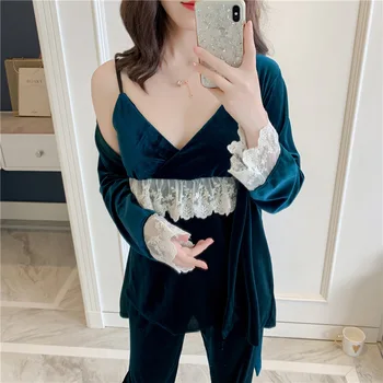 

Female Intimate Lingerie Full Sleeve Nightwear Lace Autumn Sexy Sleep Set Velour Solid Colour Sleepwear 3PCS Pajamas Set