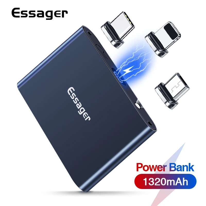 Essager Магнитный внешний аккумулятор Micro USB Type C 1320mAh Мини портативный зарядное