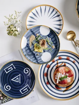 

Japanese breakfast plate steak plate creative geometric striped ceramic tableware household dessert bowl kitchen cutlery tray