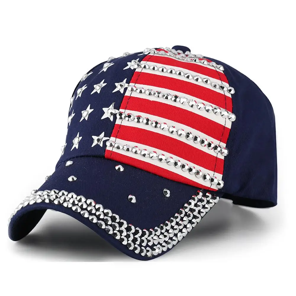 

Rhinestone Crystal American Flags Baseball Suncap Women Men Fitted Snapback Hats Female Male Casquett Shape Outdoor Autumn Women