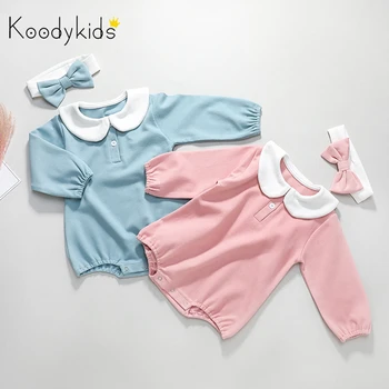 

Koodykids 2020 Baby Girl Spring Clothes Rompers Blue Pink With Bow Headband Toddler Baby Girl Bodysuit Newborn Autumn Outfit