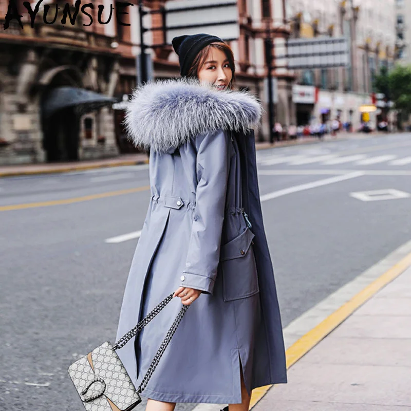 

AYUNSUE 2019 Real Fur Coat Female Real Rabbit Fur Liner Parka Winter Jacket Women Raccoon Fur Collar Korean Long Jackets MY3907