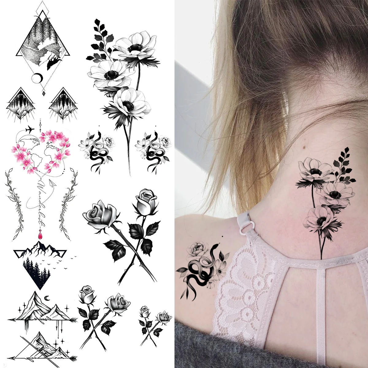 

Black Rose цветок змеи Сексуальная Высокая шея Временные татуировки для Для женщин Взрослый геометрический горный лес поддельные татуировка на запястье моющиеся татуировки