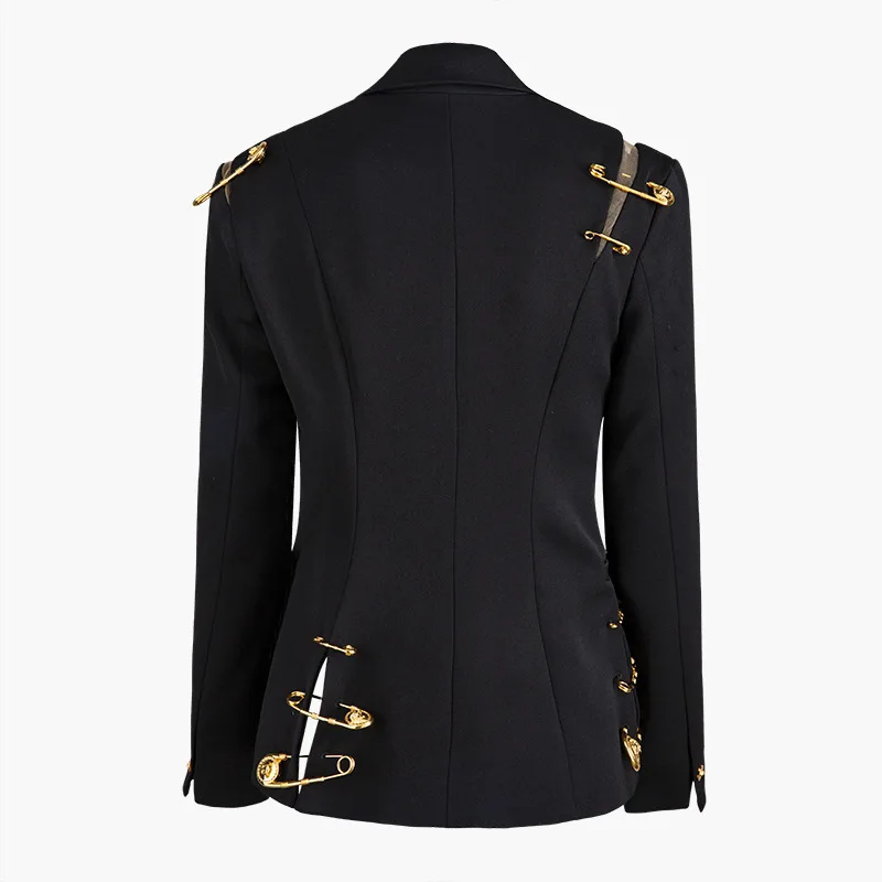 HarleyFashion High Street Stylish Women Blazer Single Button Mesh Patchwork Pin Slim Quality Black Blazers
