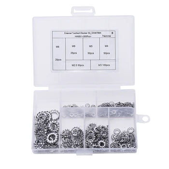 

300Pcs/set M2.5 M3 M4 M5 M6 M8 Mix DIN6798A 304 Stainless Steel Washers External Toothed Gasket Serrated Lock Washer Kit