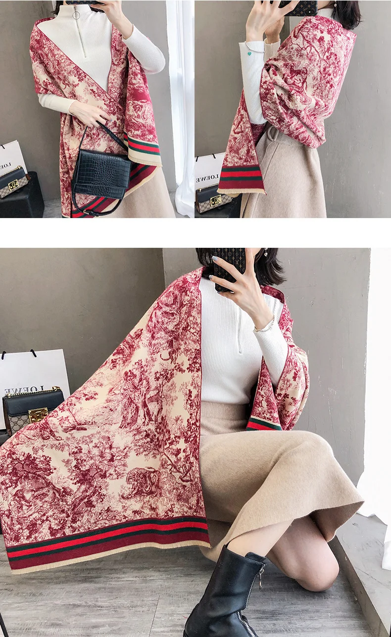 Luxury Winter Women Blue and white porcelain Brushed Cashmere Scarf Ladies Brand Warm ShawlLarge Pashmina Travel Blanket Wraps