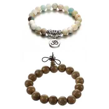 

2 Pcs Bracelet: 1 Pcs 12Mm Dia Wooden Round Beads Elastic Bracelet Brown & 1 Pcs Beaded Bracelets Natural Stone Bangles