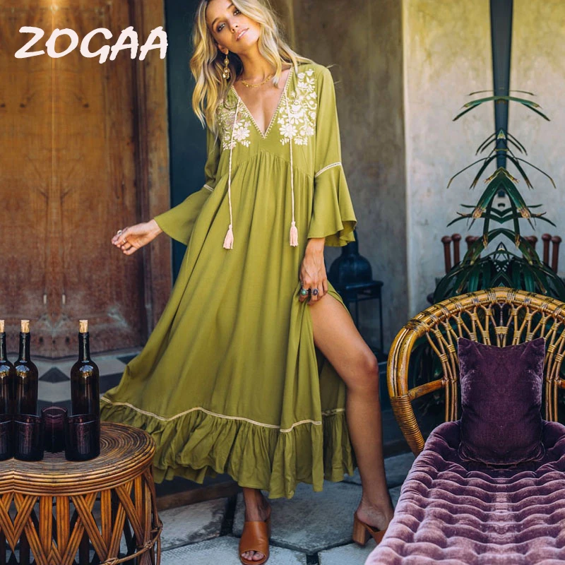 

ZOGAA 2019 Women Floral Summer Boho Maxi Dress Embroidery V-Neck Tassel Ruffles Beach Dresses Elegant Chic Cotton vestidos festa