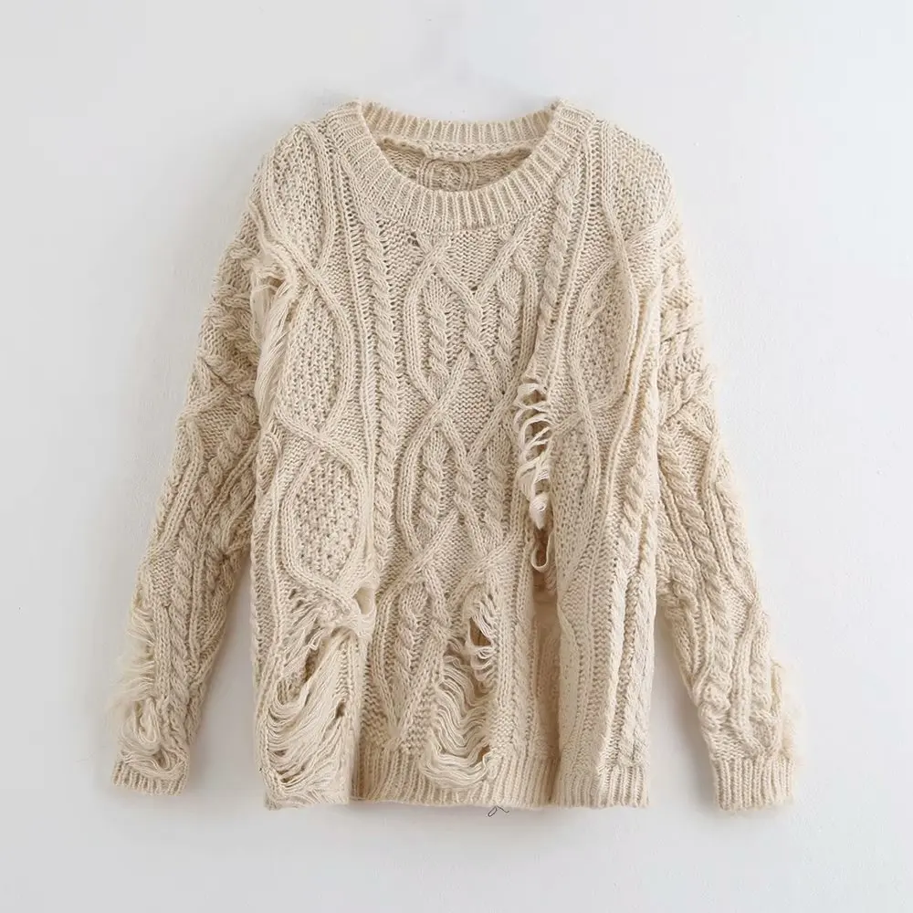 Осенне-зимний женский модный свитер с петельками, женские вязаные повседневные свободные свитера, шикарные топы S083 - Цвет: as pic S083M