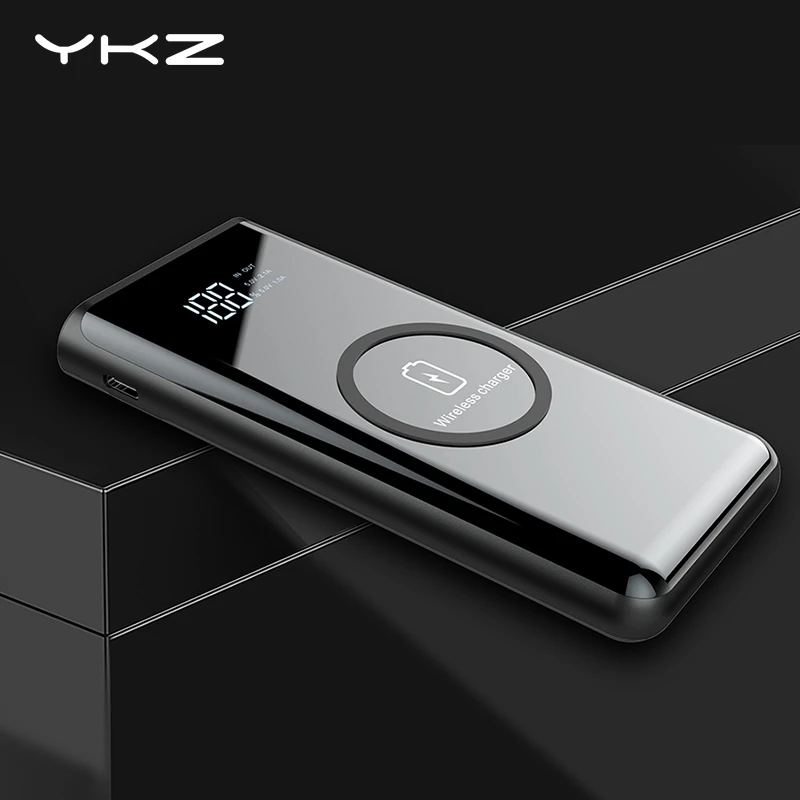 

YKZ 10000mAh QI Wireless Power Bank LED Display with Flashlight External Battery Wireless Charging Powerbank for Xiaomi iPhone