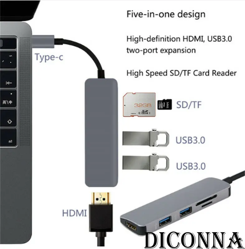 Горячая Распродажа, 5 в 1, USB-C, эспандер-концентратор type-C, концентратор USB C, 5 в 1, USB-C-4 K, HDMI, USB 3,0, SD, TF, кардридер, адаптеры, Конвертеры