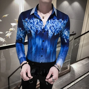 

2020 Men Blouse Shirt Spring Mens Flower Hawaiian Shirt Casual Camicia Uomo Camisa Masculina Slim Fit Shirt Ropa Hombre Blue