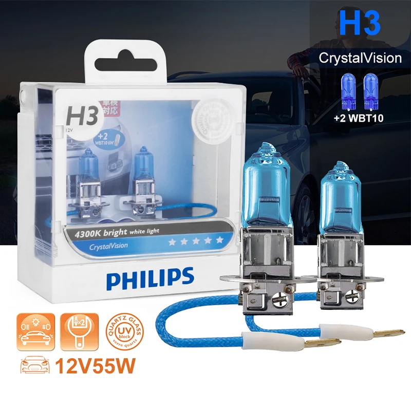 Philips h3 галогенный 55 Вт 12 В Crystal Vision 4300K яркий белый светильник, автомобильная лампа H3, головной светильник T10, подарок, оригинальные аксессуары для автомобиля, 2 шт