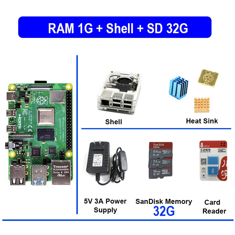 Официальный Raspberry Pi 4 Модель B 4B С ОЗУ 1 ГБ 1,5 ГГц 2,4/5,0 ГГц wifi Bluetooth 5,0 корпус Охлаждающий радиатор блок питания - Комплект: Normal Shell SD 32GB