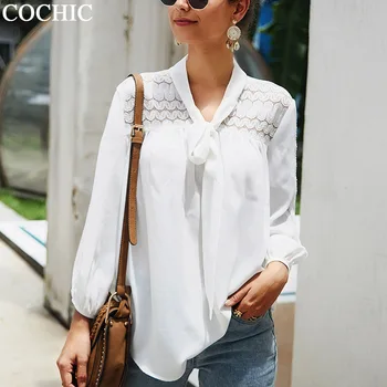 

Women Autumn Chiffon Long Sleeve Solid Hollow Out Lace Up Blouses Sweet Spring Shirts