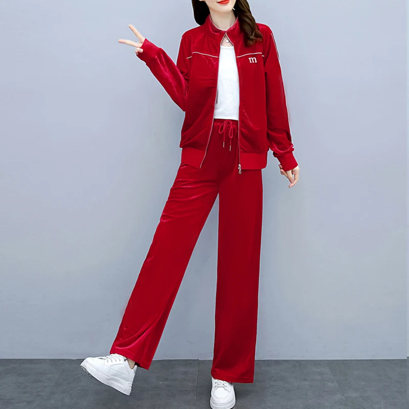 

Women Spring Autumn Home Suit Wear Golden Velvet Jacket Coat And Wide Leg Pants Women Sets Loose Casual Ladies 2 Piece Set