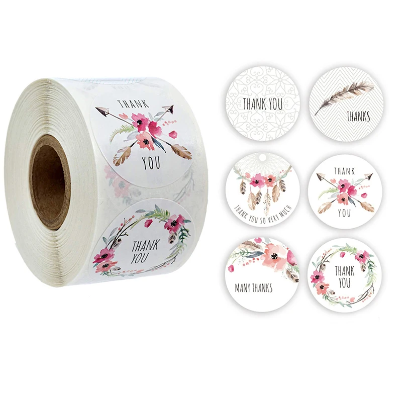 1 Roll(500Pcs) Flowers Thank You Sticker Paper Labels Round Reward scrapbooking Stickers Envelope Seals Stickers Stationery 