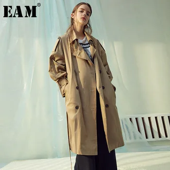 

[EAM] Women Double Breasted Big Size Long Trench New Lapel Long Sleeve Loose Fit Windbreaker Fashion Spring Autumn 2020 1H202