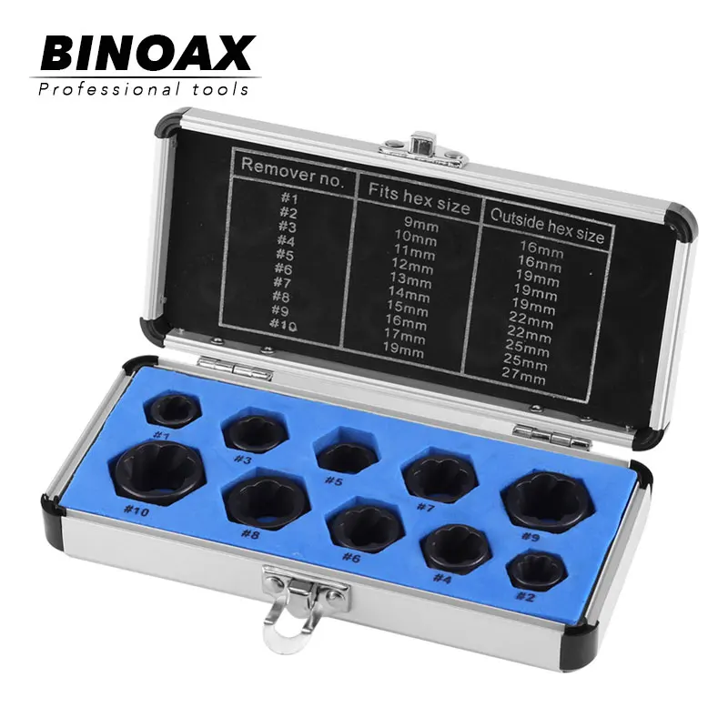 

BINOAX 10Pcs Damaged Bolt Nut Screw Remover Extractor Removal Set Damaged Nut Removal Socket Tool Threading Hand Tools Kit