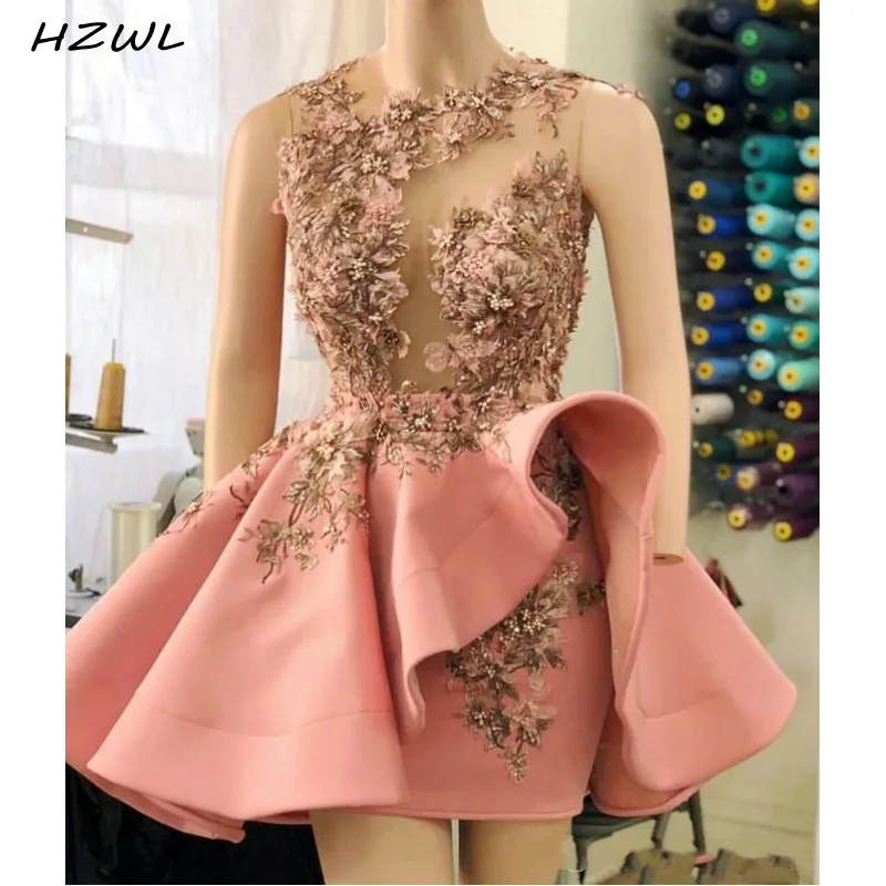 Blush Pink Short Cocktail Dresses Ruffles Peplum 3D Floral Appliques Beaded Sheer Neck Party Dress Mini Illusion Prom Dress
