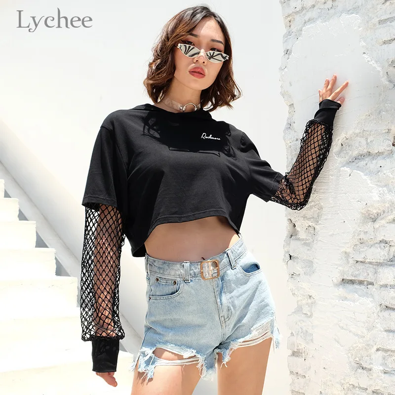 

Lychee Harajuku Mesh Patchwork Women Hoodies T-shirt Loose Solid Color Black Women T Shirt Summer Crop Lady Top Tees
