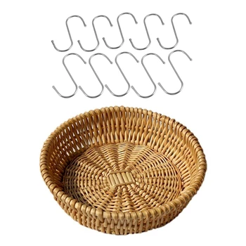 

10 Pieces 8 cm S-Shaped Stainless Steel Hook Rideau Hook with Round Wicker Basket Storage Basket