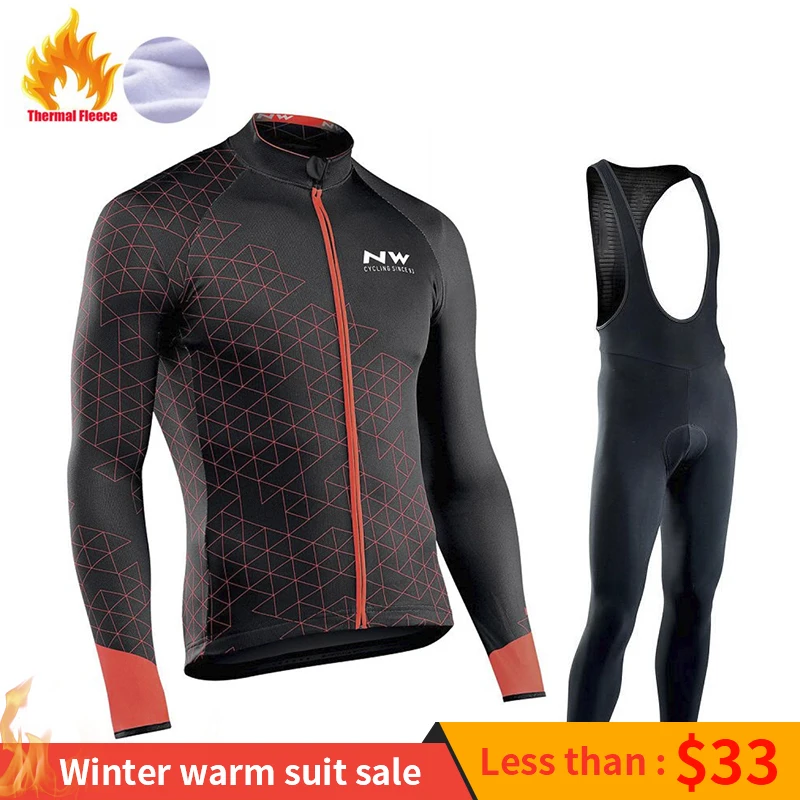 

2019 Team NW Winter Thermal Fleece Cycling Clothes Men Long Sleeve Jersey Suit Outdoor Riding Bike MTB Clothing Bib Pants Set