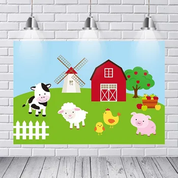 

Background Photography Beautiful Farm Red Barn Pig Cow Chicken Apple Tree Wooden Fence Custom Photo Background Backdrop Vinyl