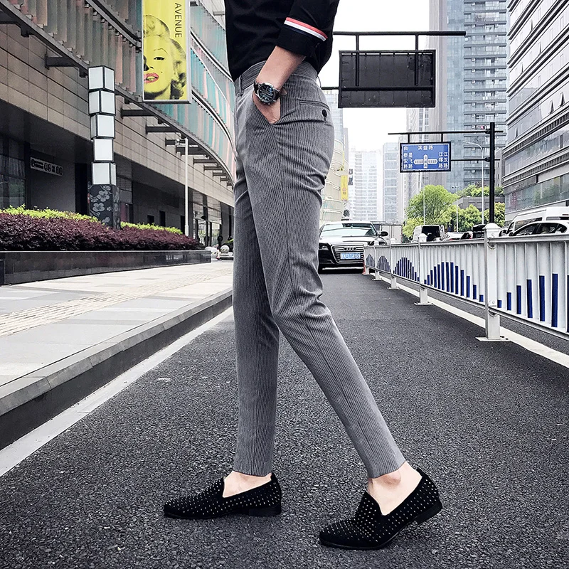 Suit Pants Office-Trousers Vertical Fashion Slim-Fit Formal Korean Streetwear 36-28 Ankle-Length