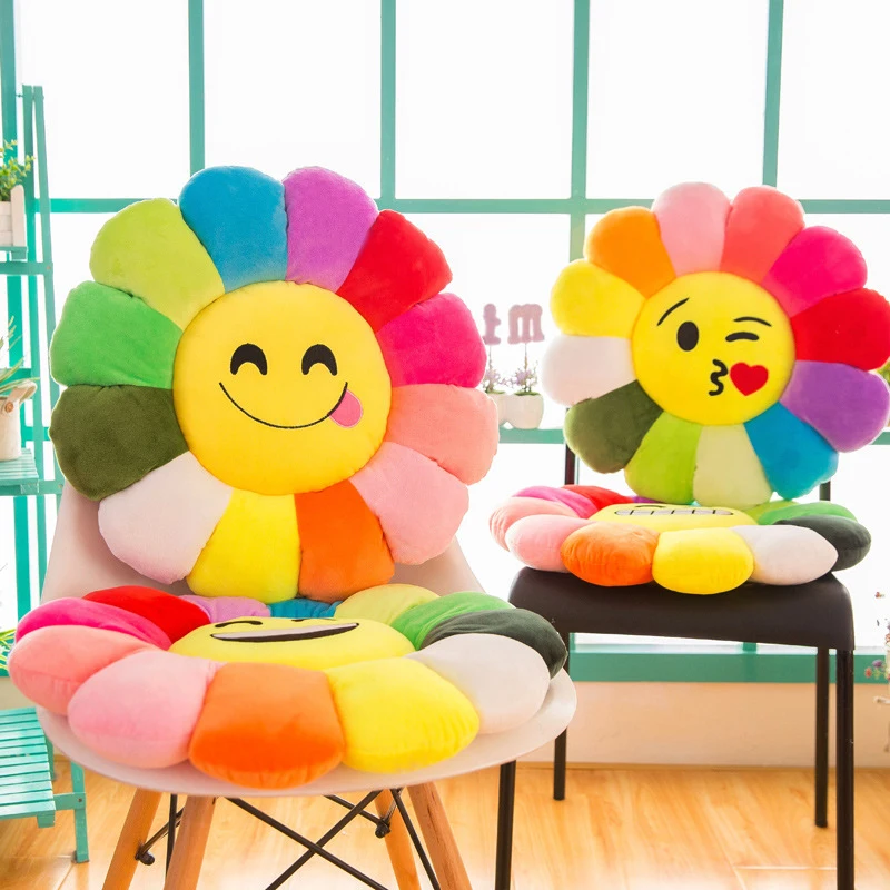 

Sunflower Smiling face Plush Seat Cushion Stuffed Rainbow Double Color Flower Chair Cushion for Kid Girl School Office Cushion