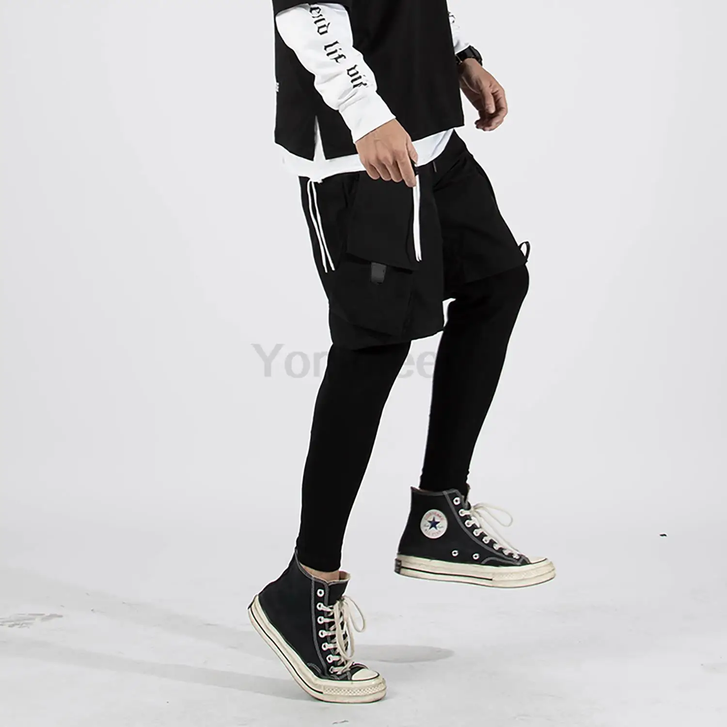 Mens Multi Pockets With Straps Cargo Techwear Joggering Pants Black