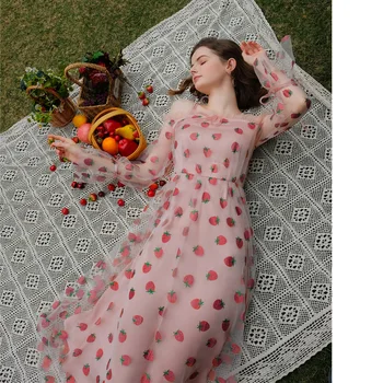 

2020 New Spring Summer Cute Strawberry Ruffles Sleeve Slash Neck High Waist Ultra Long Pink Dress for Women Mesh Strap Dresses