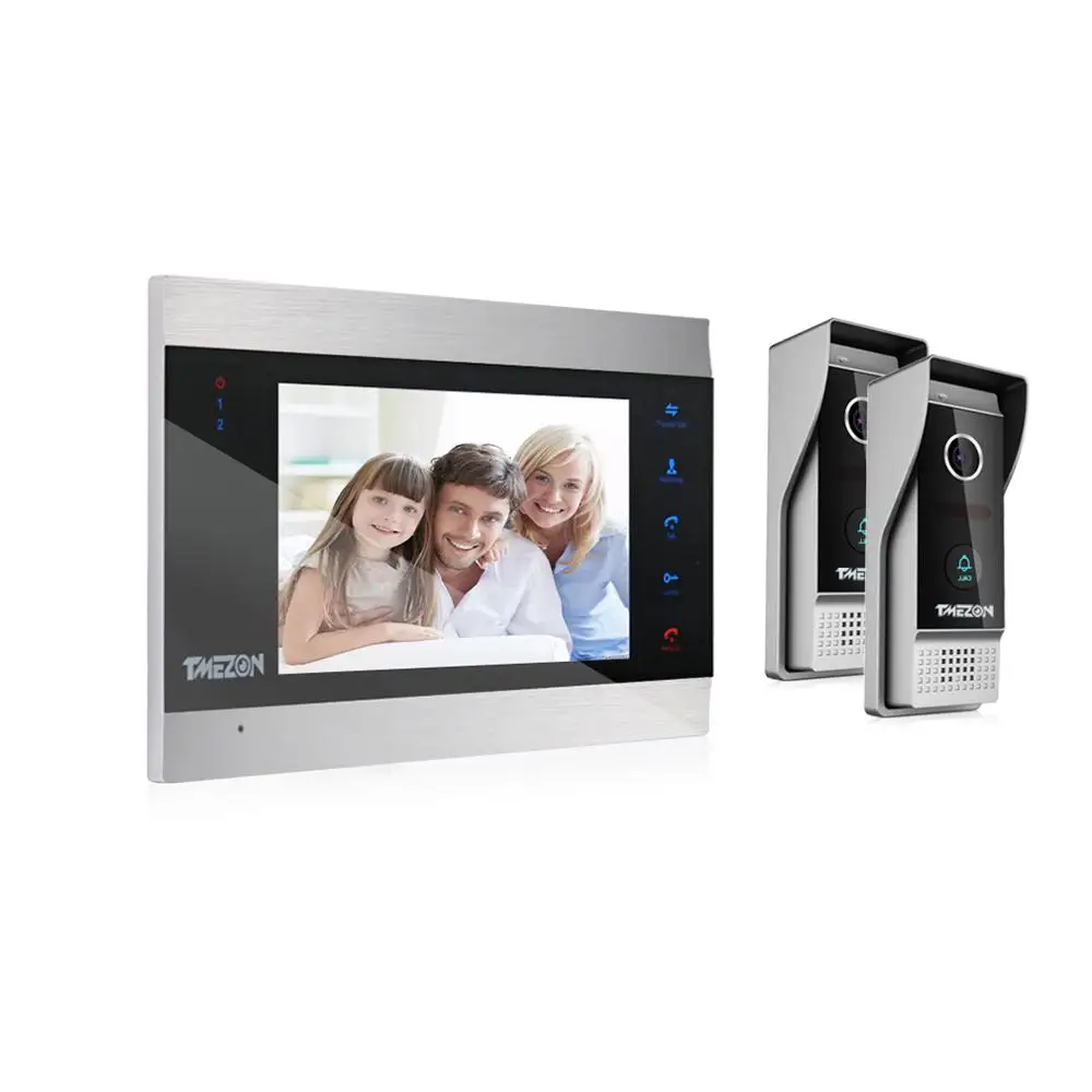 TMEZON 7 Inch TFT Wired Smart Video Door Phone Intercom System with 1 Night Vision Monitor + 2x1200TVL Rainproof Doorbell Camera