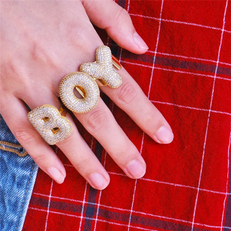 OMYFUN Hip-Hop Bling Ring A-Z Bubble Full CZ Iced Letter Rings Gold Silver Color Anillo Anel Male Accessory Bijoux Free Shipping