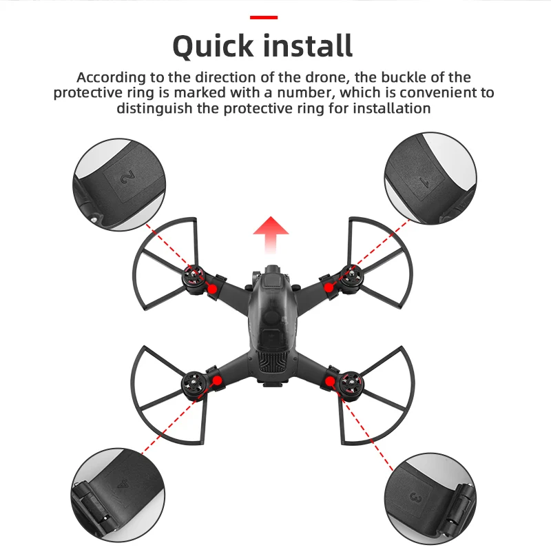 5328S Propeller, quick install According to the direction of the drone, the buckle of the protective ring is marked