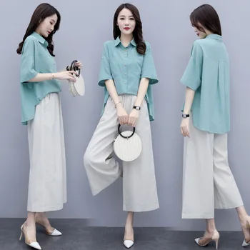 

two piece set women 2020 summer new Korean version of cotton and linen plus size loose lapel shirt wide leg pants two-piece suit