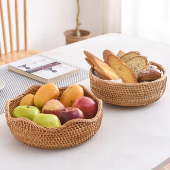 

Handmade Food Fruit Wicker Rattan Straw Basket Flower Shape Round Dessert Plate Kitchen Bread Serving Storage Organizer