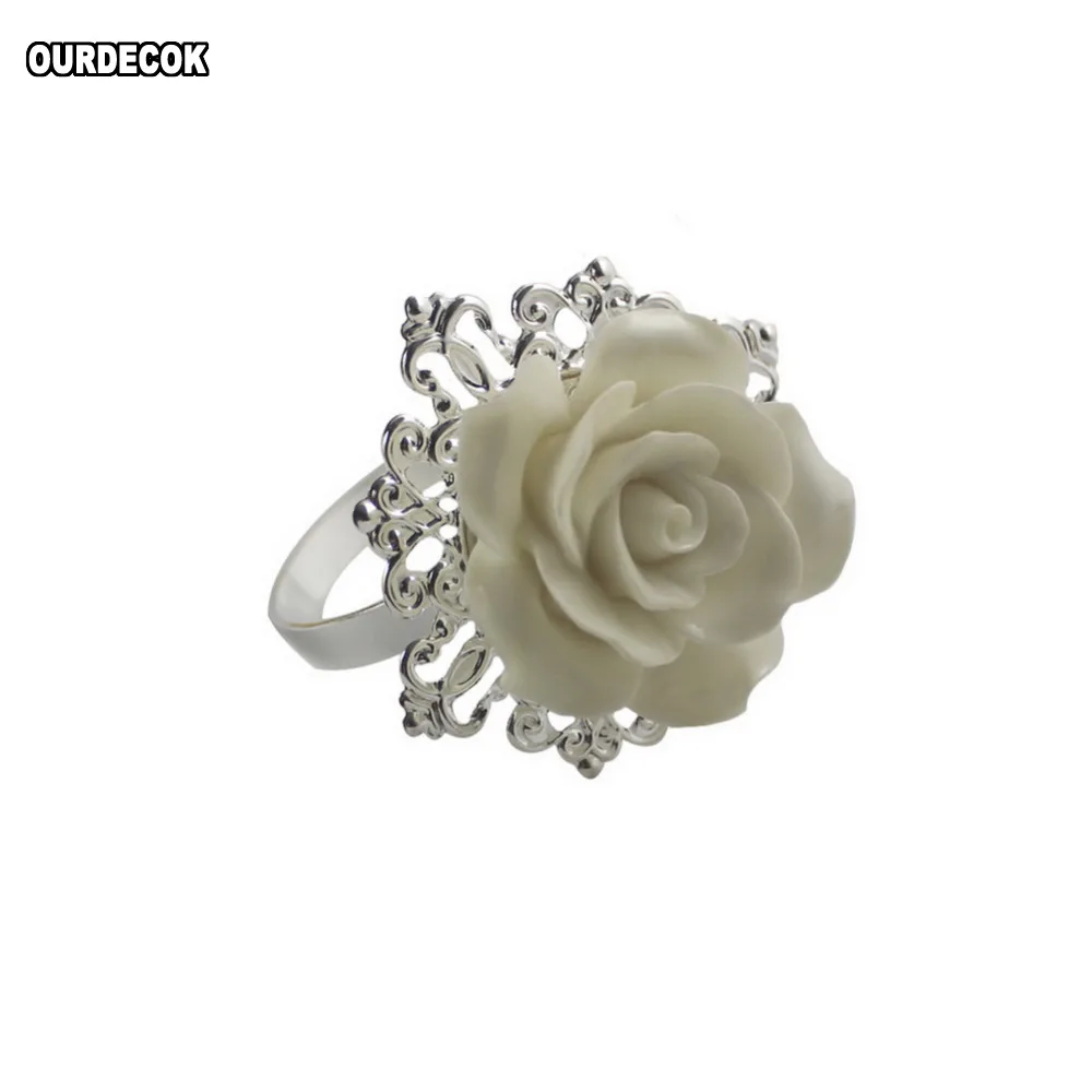 10 шт./лот, кольца для салфеток с белой розой, Серебряные Обручи, романтические, красивые, вечерние, для украшения стола