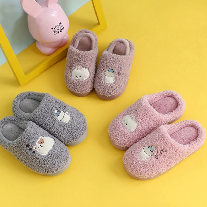

Autumn Winter Kids Cotton Indoor Slippers Baby Boys Girls Home Non-Slip Cartoon Pattern Cute Plush Warm Shoes