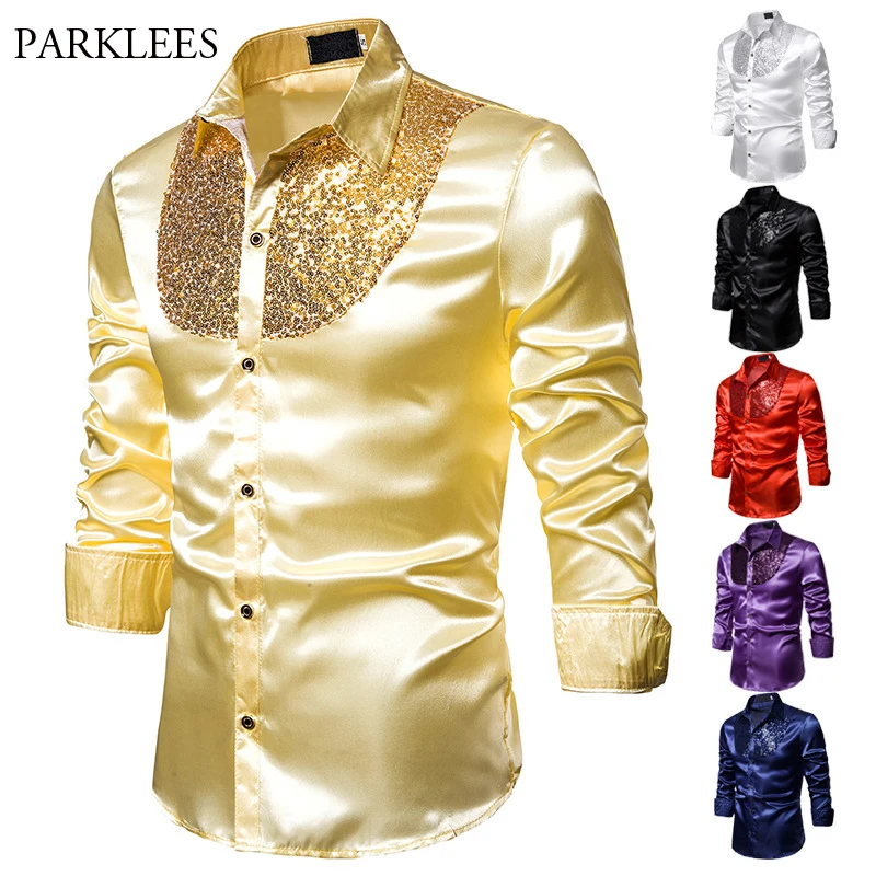 

Silk Shirt Men Satin Smooth Men Luxury Sequin Tuxedo Shirt Party Stage Performance Wedding Dress Shirts Chemise Homme