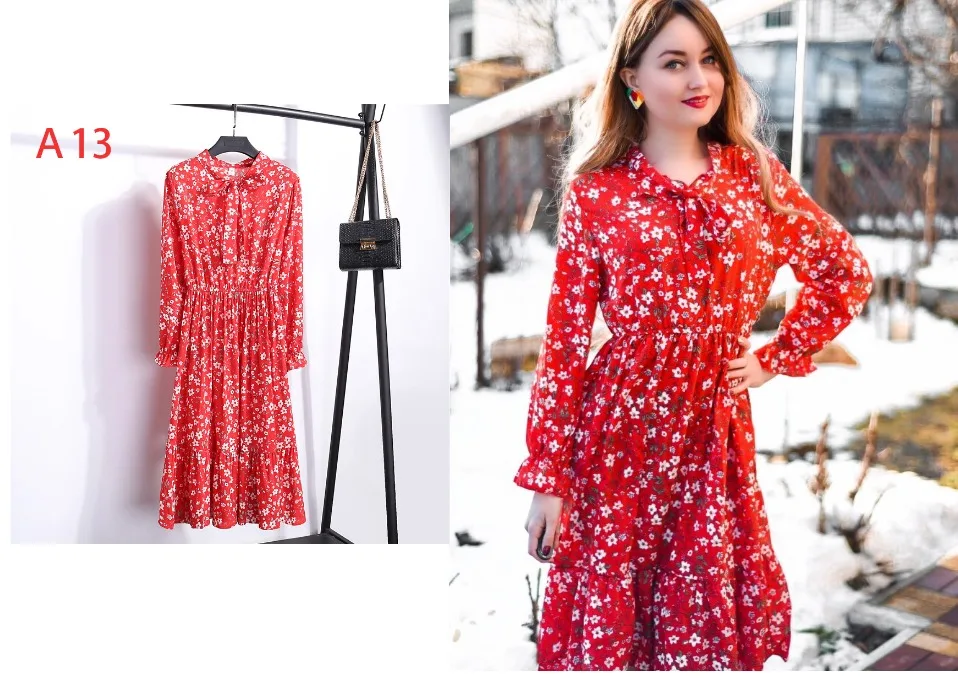 2021 Women Casual Autumn Dress Korean Style Vintage Floral Printed Chiffon Shirt Dress Long Sleeve Bow Midi Summer Dress Vestido