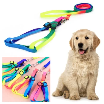 

Pet Colorful Rainbow Adjustable Leash Dog Collar Harness Leash Soft Walking Harness Lead Nylon Durable Traction Rope PetSupplies