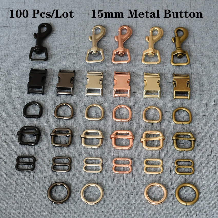 

100 Pcs/Lot 15mm Metal Hardware D Ring Belt Straps Slider Side Release Buckle Spring Hook High Quality Hardware 15mm7826