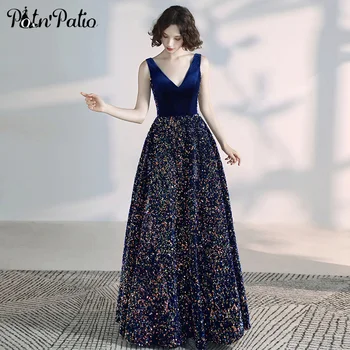 

Elegant V-neck Evening Dresses Long 2020 Shoulder Straps Sleeveless A-line Floor-length Sequin Women Formal Gowns Plus Size