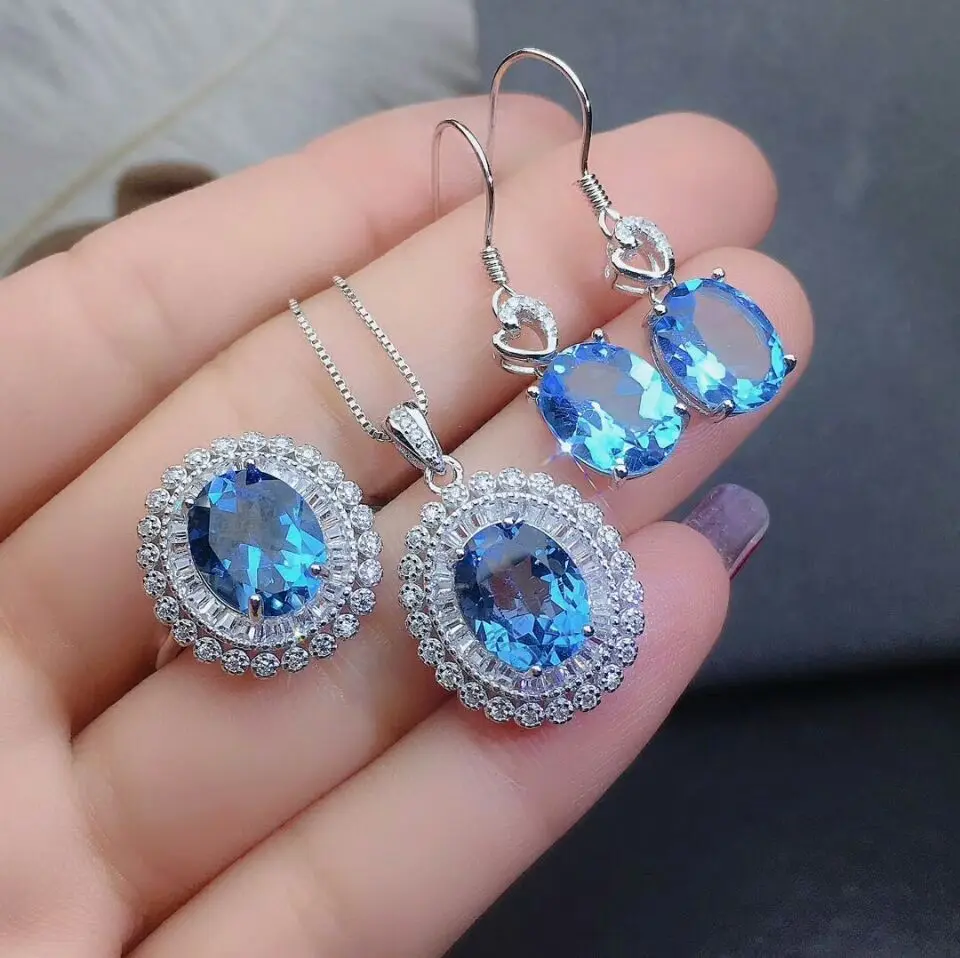 MeiBaPJ Natural London Blue Topaz Gemstone Sun Flower Jewelry Set 925 Pure Silver 3 Pieces Suit Wedding for Women | Украшения и